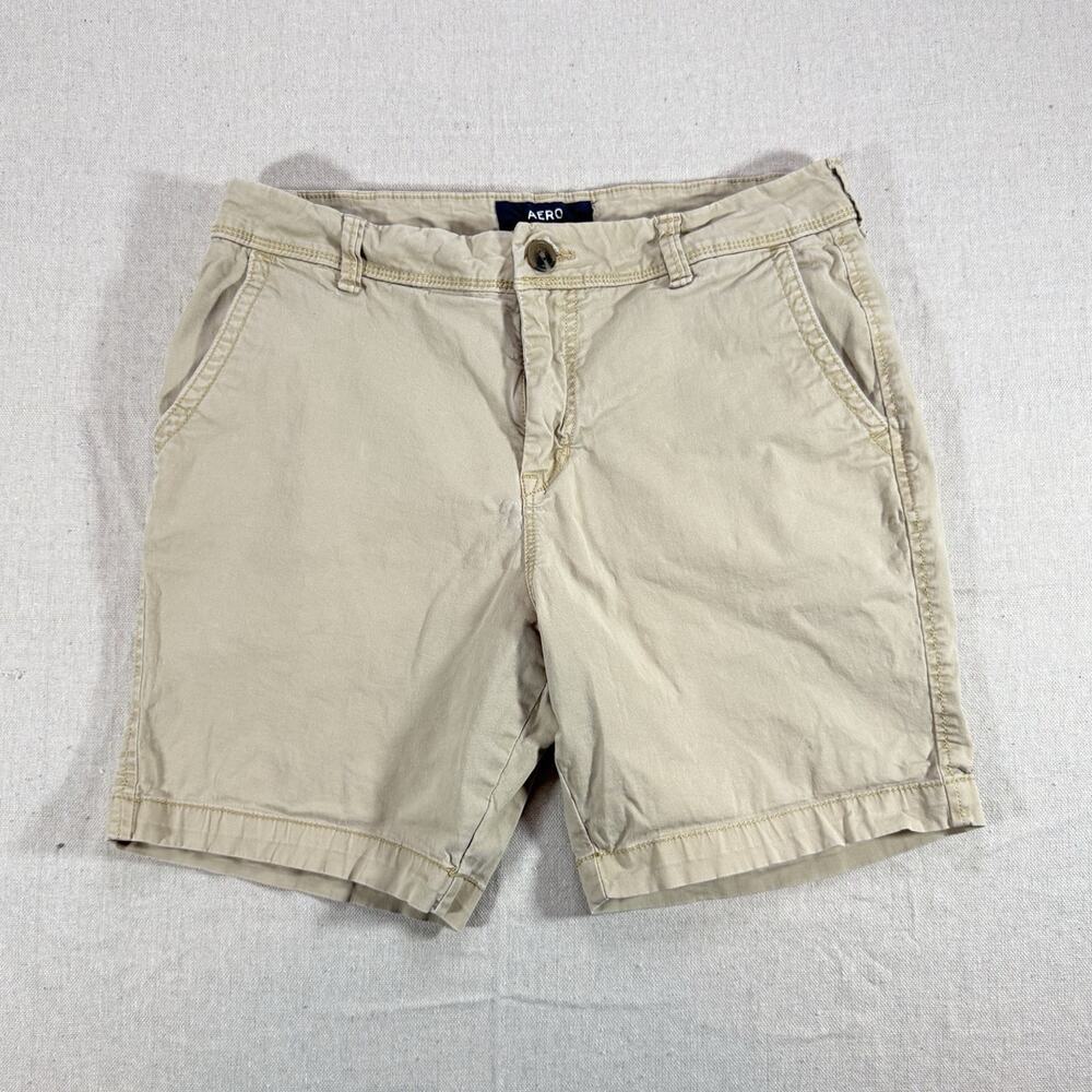 AERO Men's Beige Chino Shorts Flat Front Slash Pockets Button Fly Cotton Size 30